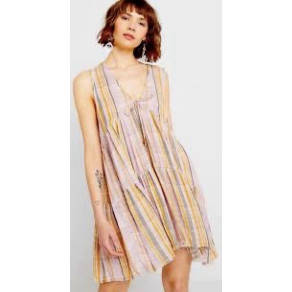 FREE PEOPLE FREEBIRD STRIPED TIERED MINI TUNIC DRESS XS 100% Cotton Boho Beach